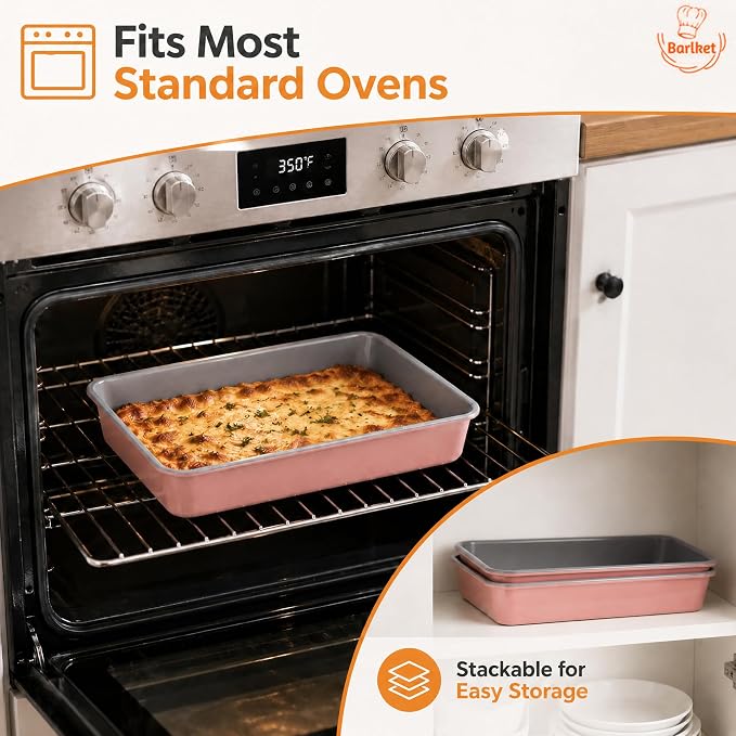 9x13 Inch Baking Pan 2 Pack, Heavy Duty Carbon Steel Lasagna Pan, 2.5 Inch Deep Nonstick Rectangular Cake Pans for Brownies, Casserole & Roasting, Pink Exterior with Gray Interior