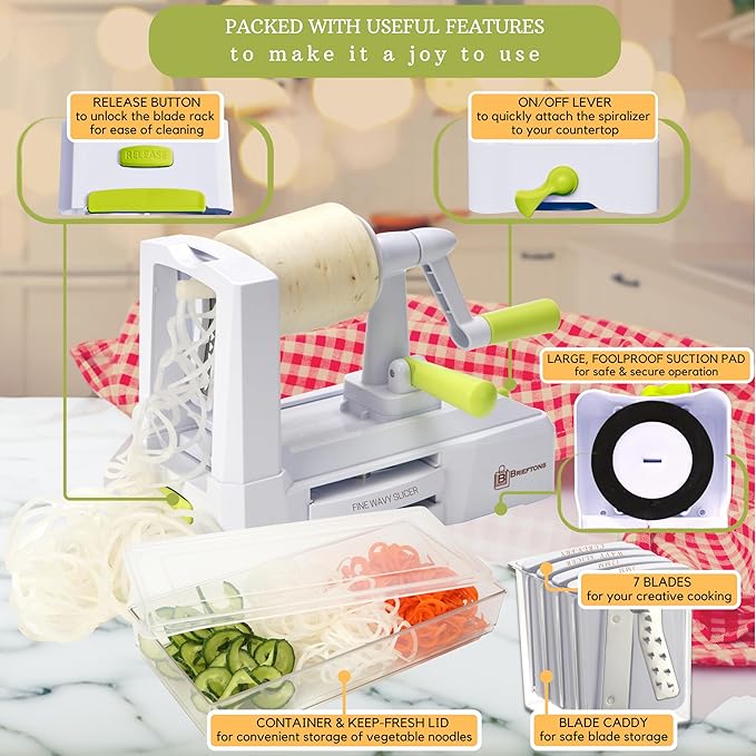 Brieftons 7-Blade Vegetable Spiralizer: Zucchini Spiral Slicer & Veggie Noodle Maker, Japanese Steel Blades, Catch Container, Strong Suction Cup, Blade Caddy, 4 eBooks | Low Carb, Vegan, Gluten-Free
