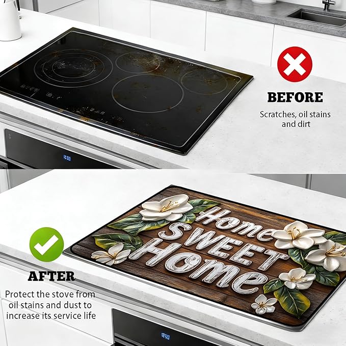 Stove Top Cover for Electric Stove, Vintage Farmhouse Style Glass Cooktop Protector, Multi-functional Kitchen Counter & Washer Top Cover