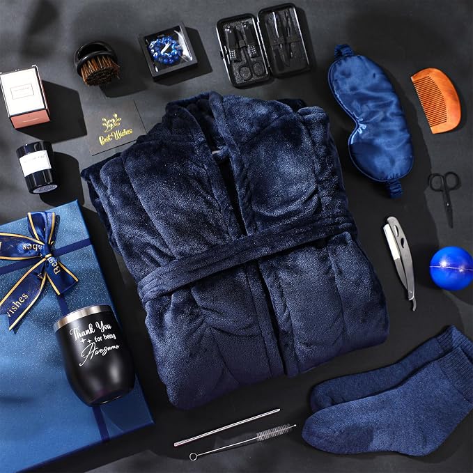 Nuogo 15 Pcs Birthday Gifts for Men Beard Care Set for Him Dad Birthday Gifts Basket Ideas Kit for Men Tumbler Bath Robe for Father's Day Dad Husband Boyfriend Box(Unhooded,Navy)