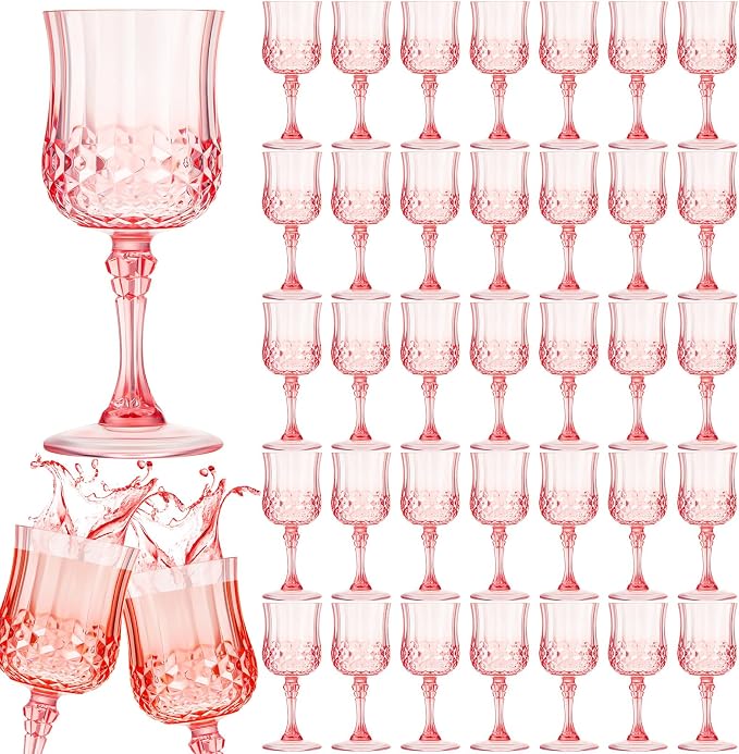 Pinkunn 50 Pcs 7 oz Plastic Vintage Wine Glasses Reusable Colored Goblets Patterned Drinking Water Glasses Cup Dishwasher Safe for Mother's Day Wedding Reception Party Supplies (Pink)
