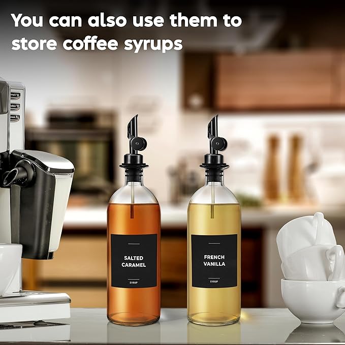 Spaceneat Oil Dispenser for Kitchen - Glass Olive Oil Bottle Set of 2 (16.9oz) with Black Weighted Self-Closing Pourer - Cooking Oil Dispenser with 66 Labels, Aligner & Funnel