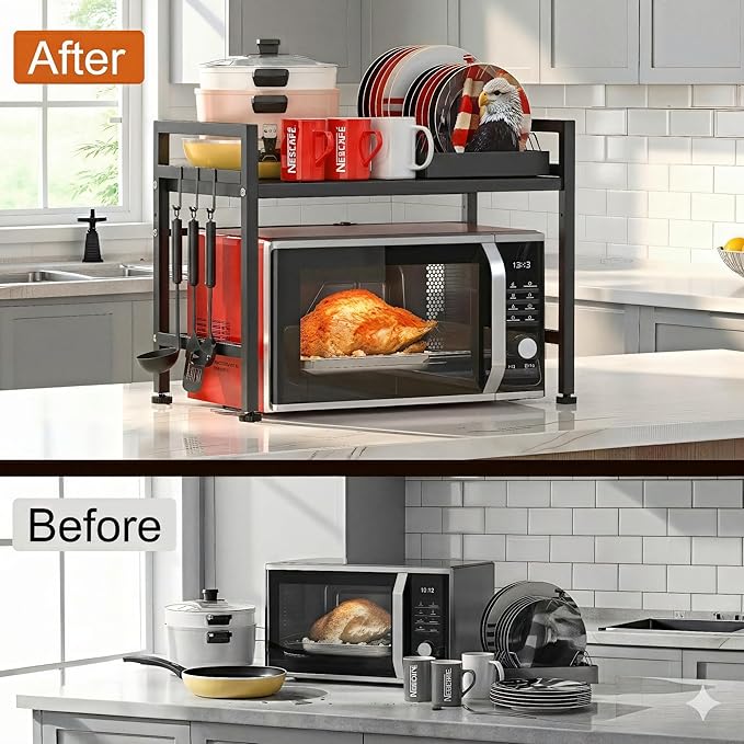 PUSDON Textured Black Microwave Oven Rack, Expandable 2-Tier Kitchen Countertop Organizer, Heavy Duty Carbon Steel Stand with 3 Hooks, Adjustable Height & Length