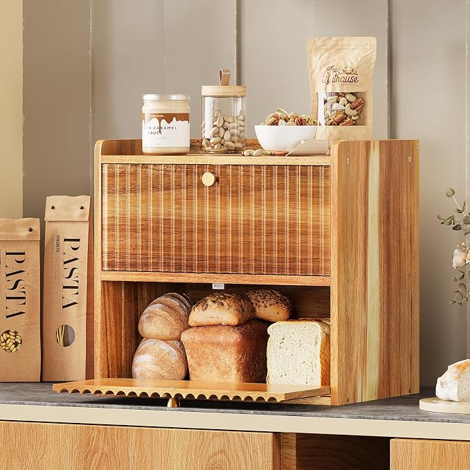 Trironsun Acacia Bread Box for Kitchen Countertop Wood Bread Storage Container Bin Double Layer BreadBox Farmhouse Large Capacity Food Organizer (Acacia Wood)