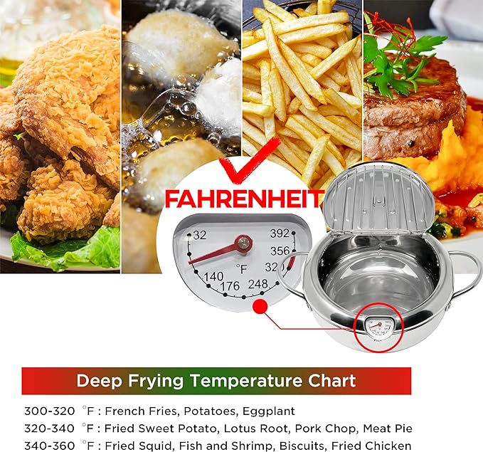 Saltlas Deep Fryer Pot (°F), 11"/4.4Qt (4.2 L) Extra Large Tempura Frying Pot with Lid, 304 Stainless Steel Fry Pot with Fahrenheit Thermometer and Oil Drip Drain Rack