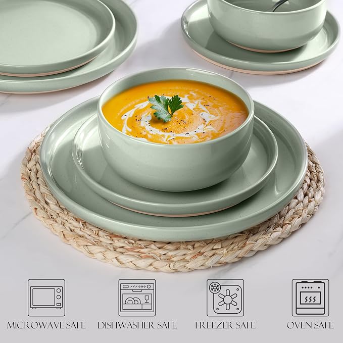 LIANYU Plates and Bowls Sets, 18 Piece Modern Speckled Dinnerware Set, China Dinnerware Dishes, Service for 6, Scratch Resistant & Dishwasher Safe, Fog Green