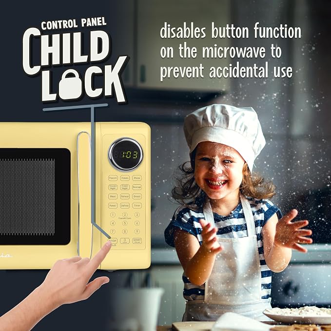 Nostalgia Modern Retro Compact Countertop Microwave Oven - 0.7 Cu. Ft. - 700-Watts with LED Digital Display - Child Lock - Easy Clean Interior - Yellow