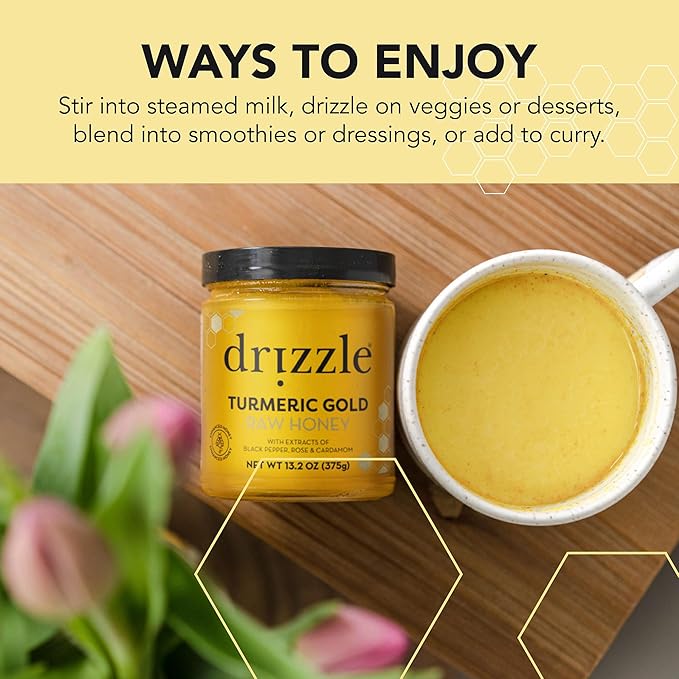 Drizzle Turmeric Gold Raw Honey - All Natural Pure Raw Honey with Organic Turmeric, Unfiltered, Use in Tea, Golden Milk, & Coffee, Sugar Substitute, Certified Kosher - 13.2 oz Jar (375 g), Pack of 2