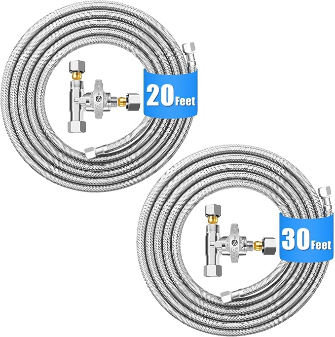 HAOCHEN Stainless Steel & PEX 20FT & 30FT Refrigerator Water Line Kit (2Pcs) with Tee Stop Valve, Silver, 1/4" Fittings, Ice Maker & Refrigerator Compatible