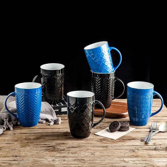 AmorArc Coffee Mugs Set of 6, 16oz Ceramic Lagre Coffee Mugs Set with Textured Geometric Patterns for Latte/Tea/Beer/Hot Cocoa, Dishwasher & Microwave Safe, Blue
