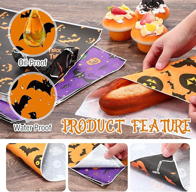 Reallnaive 600 Pcs Halloween Theme Wax Paper Sheets 12 x 12 Inch Parchment Deli Tissue Paper Sandwich Wrapping Sheets Food Basket Liners for Kitchen Restaurant Baking Supplies, 6 Styles