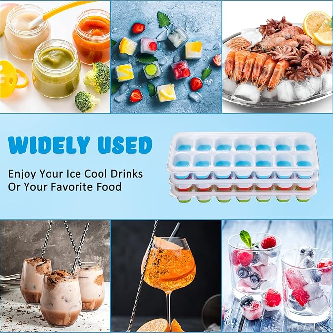 Honeydak 10 Pack 10 Pack Ice Cube Trays with Spill-resistant Removable Lid Easy-release Flexible 14 Ice Cube Tray for Drinks Fruit Yogurt Cocktails Coffee Freezer (Green,Blue,Red)