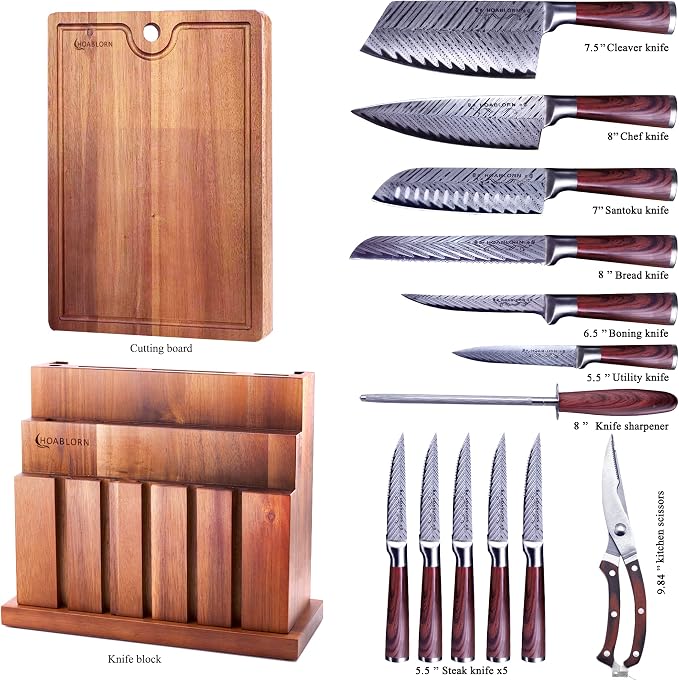 Knife Set With Block Created 20 pcs Block Knives Set HOABLORN Chef's Set: AK01, Extra Cutting Board in a Luxurious Knife Holder, Big Value and Elegant Kitchen Set for Wedding & Housewarming