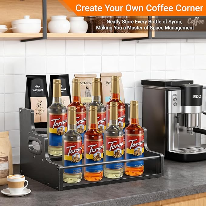 YQBRAO 3-Tier Liquor Bottle Display Shelf,Coffee Syrup Rack Organizer,Water Bottle Organizer, Mini Bar Cabinet, Rustic Bar Shelves for for Liquor Whiskey, Spirits（Black）