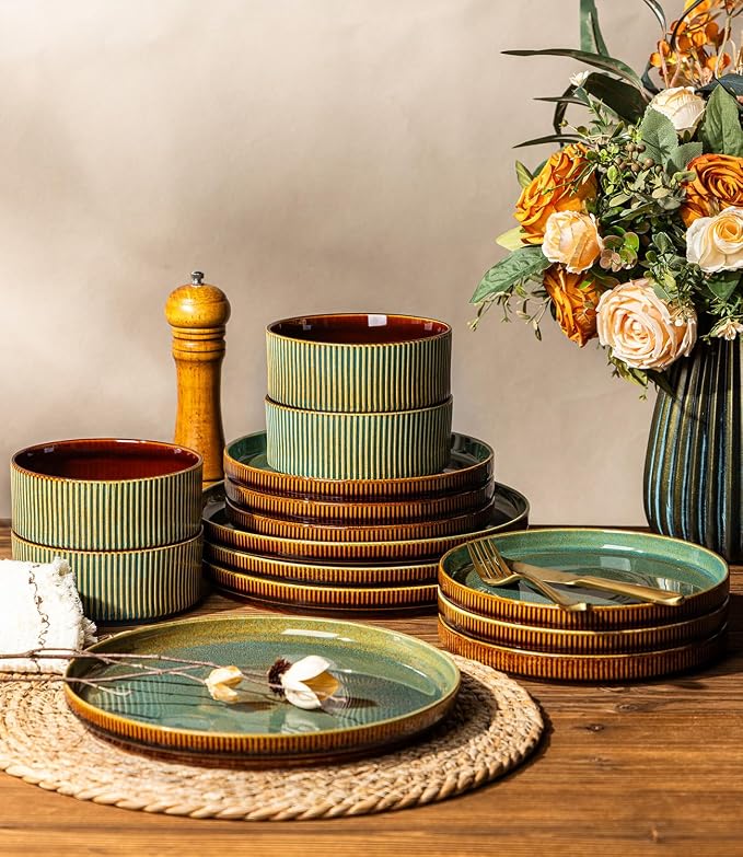 GBHOME Stoneware Dinnerware Sets for 4, 12 Pieces Lightweight Ceramic Ribbed Plates and Bowls Set, Reactive Glaze Stackable Plate Sets,Scratch Resistant Dishes,Microwave & Dishwasher Safe,Maroon Olive