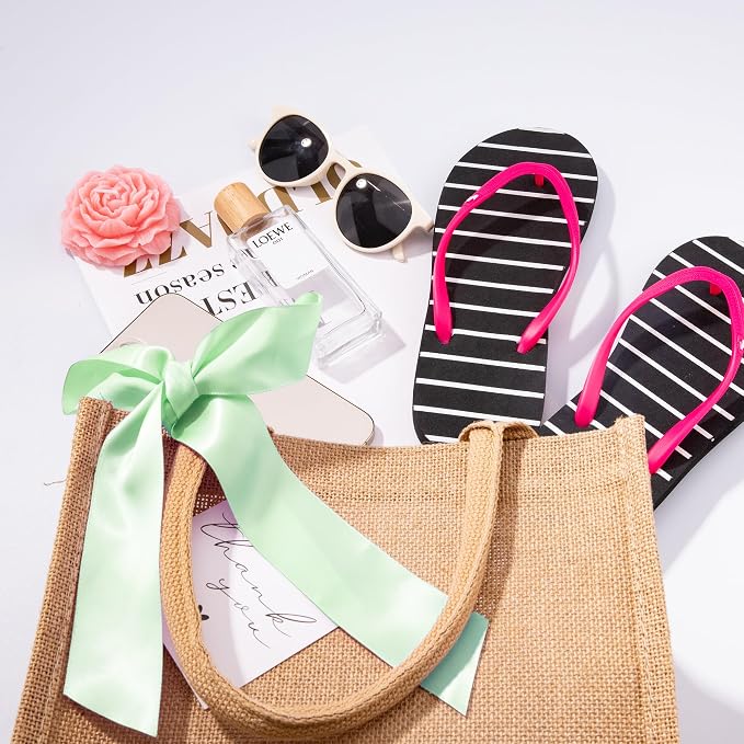 6 Pack Burlap Tote Bags with Handles Reusable Small Jute Gift Bags with Light Green Silk Ribbons Waterproof Lining for Wedding Bridesmaid Mother's Day Bachelorette Beach Party