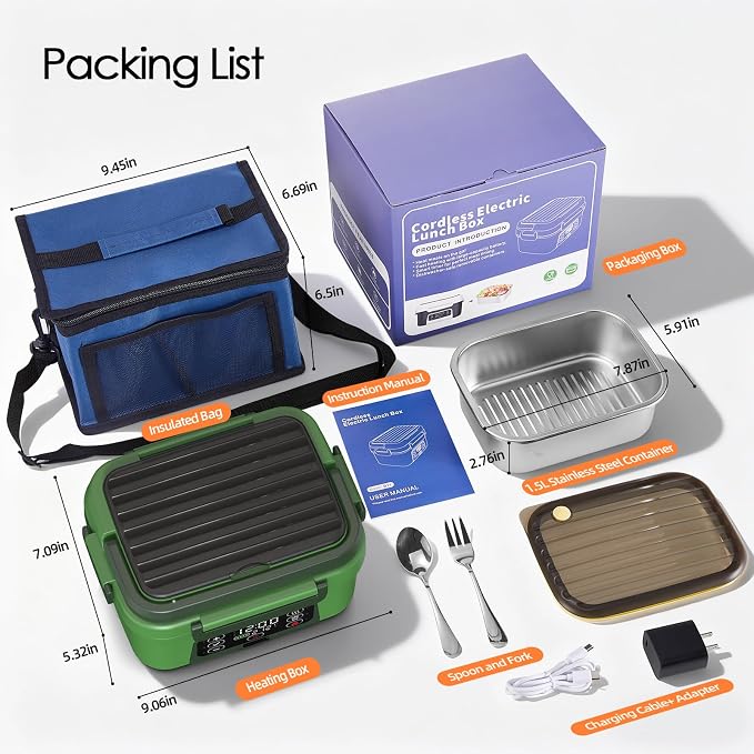 Cordless Electric Lunch Box, 6.3 Cup 100W Heated Lunch Box with 20000mAH Battery Powered for Self Heating, Including Fork Spoon and Insulated Bag for Men Women Adults, BPA Free(Dark Green)