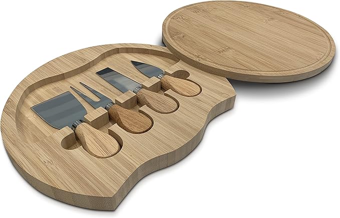10” Round Cheese Bamboo Board Set with Cheese Knives for Charcuterie Boards, Bamboo