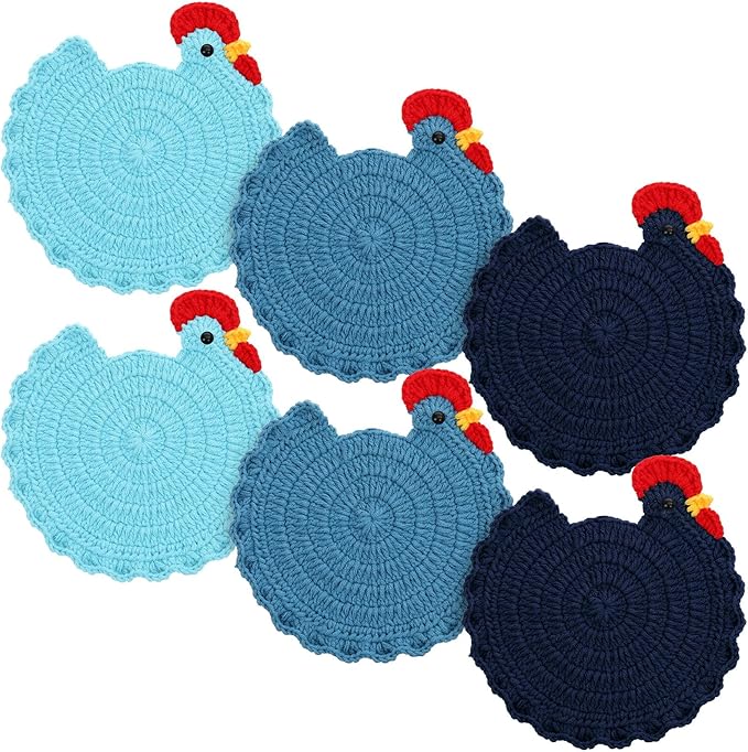 LemonRoad Handmade Crochet Chicken Trivets Set of 6, Farmhouse Hot Pots Holder Gifts Cute Braided Woven Coaster Protector for Dishes Mothers Day Lovers Housewarming 6.5" x 6.8"(Vivid Style)