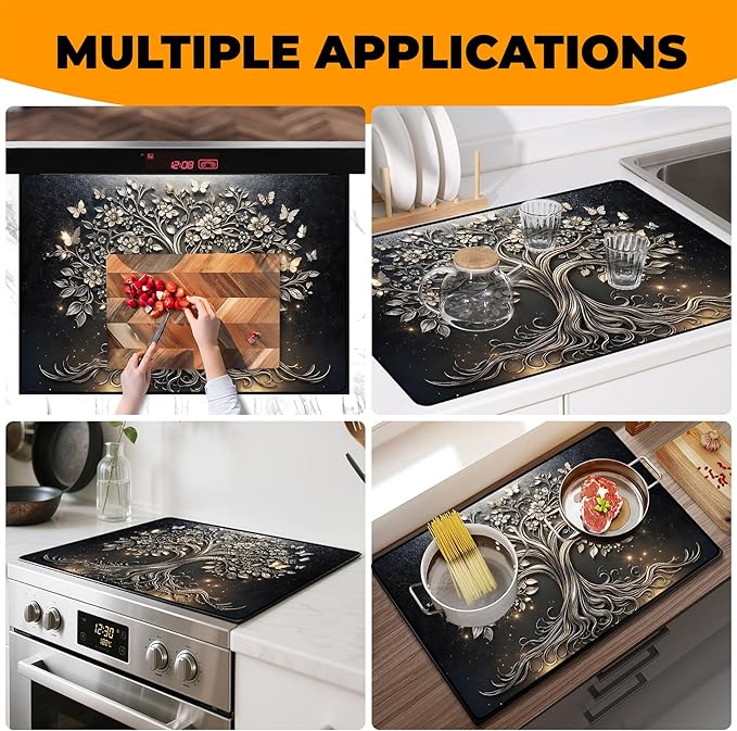 Stove Top Cover- Mat for Electric Stove Protector with Anti-Slip Rubber Coating Dish Drying Mats Scratch-Resistant (Tree, 30" x 21")