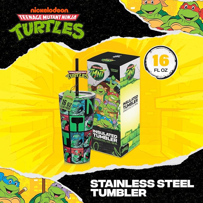 Dragon Glassware x Teenage Mutant Ninja Turtles Insulated Tumbler, 16 oz | Vacuum Insulated Stainless Steel Tumbler with Straw & Lid; Double Walled TMNT Tumbler with Straw Topper; Ninja Turtle Cup