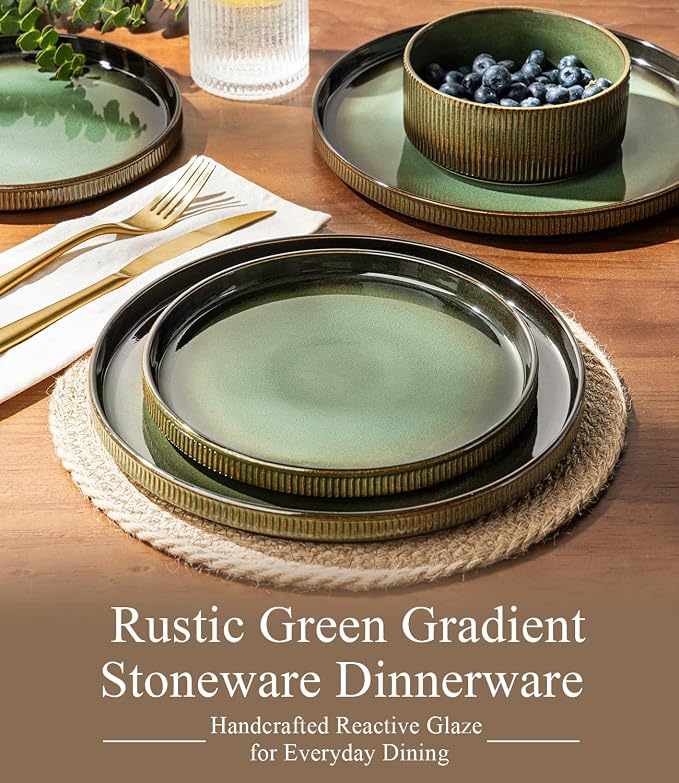GBHOME 12-Piece Stoneware Dinnerware Set for 4 – Ribbed Ceramic Plates and Bowls, Scratch-Resistant, Microwave & Dishwasher Safe, Reactive Glaze, Rustic Green Gradient
