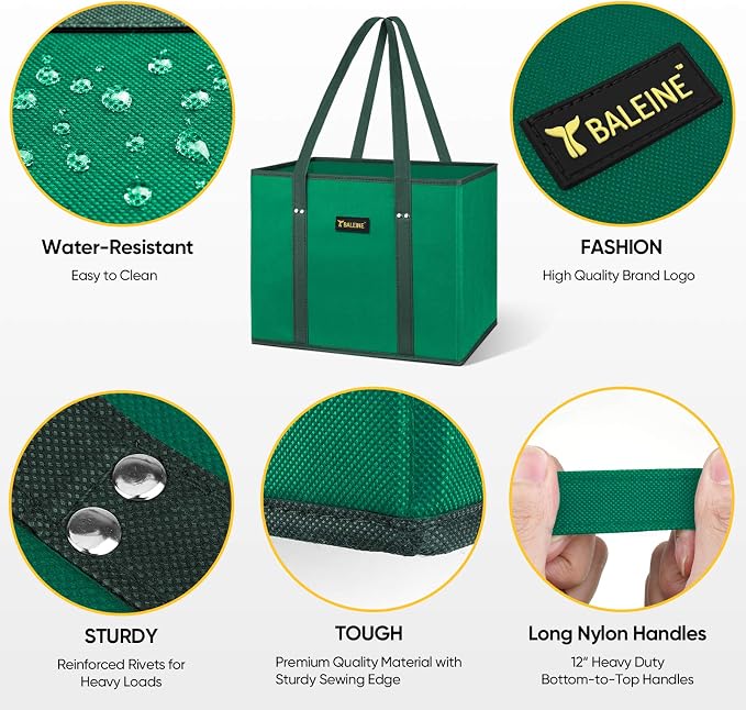 BALEINE 3Pk Reusable Grocery Bags, Foldable Shopping Bags for Groceries with Reinforced Bottom & Handles (Green)