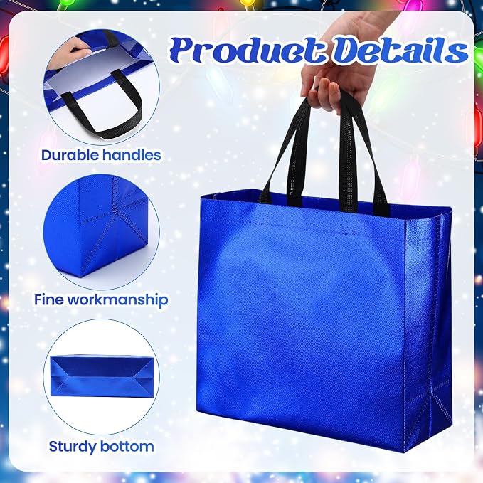 Eccliy Reusable Gift Bags Set Glossy Grocery Gift Tote Bag with Handle for Wedding, Bridal Shower, 4th of July, Summer Event(12 x 11 x 4.7 I Inch,Blue,80 Pcs)