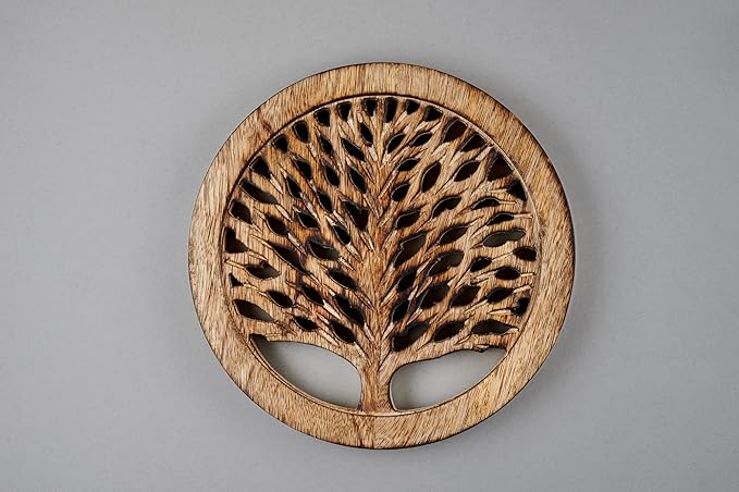 Wedding Gifts Set of 2 Wooden Trivets for Hot Dishes Pots and Pans Tea Pot Holders Hot Pads Tree of Life Design Modern Farmhouse Kitchen Counter Decor Dia 8'' Inch (Burnt)