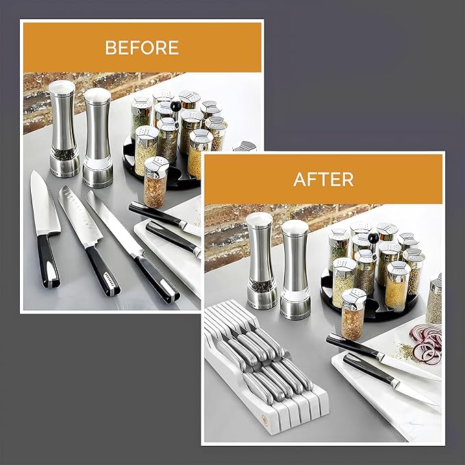In-Drawer Knife Block - Bamboo Knife Drawer Organizer for Kitchen - Fits 5 Long + 6 Short Knives | Store Knives with Blades Pointing Down - Wooden Steak knife Holder without Knives (White)