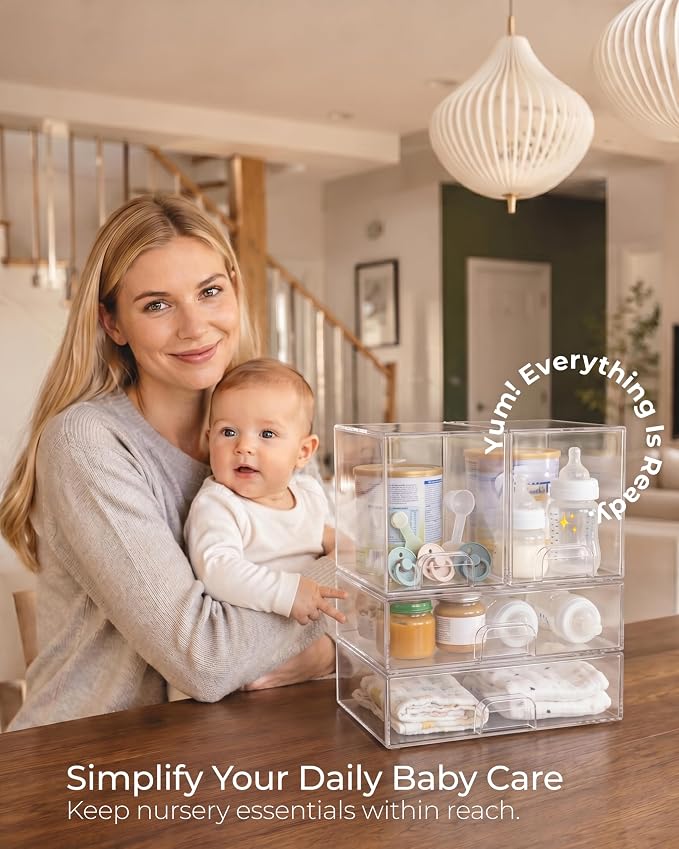 Stackable Storage Drawers Organizer Set of 4 for Bathroom Organizer Storage | Clear Plastic Organizer Bins for Baby Bottle, Kitchen Under Sink, Laundry, Pantry, Beauty, Cabinet, Medicine, Office Supplies