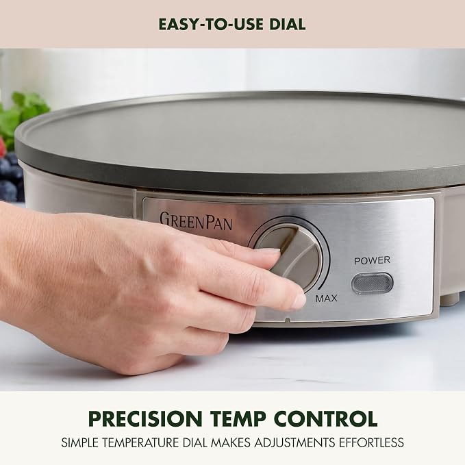 GreenPan Advanced 12" Crepe Maker, Healthy Ceramic Nonstick PFAS-Free Coating, Adjustable Temperature Control, 400°F Heating, Batter Spreader & Crepe Turner Included, Clay