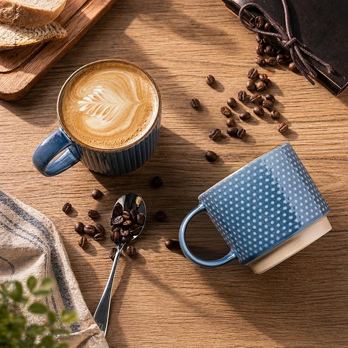 GBhome 15OZ Stackable Coffee Mugs, Ceramic Coffee Cups with Texture Patterns for Man,Woman,Dad,Mom, Modern Mugs Set of 4 for Latte/Cappuccino/Cocoa. Dishwasher&Microwave Safe, Blue