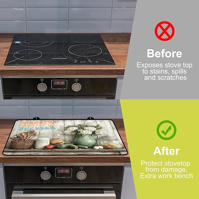 Glass Stove top Cover 28"x 20", Stove Top Covers for Electric Stove, Flat Range Mat for Glass Cooktop, Kitchen Heat-Resistant Protector Non-Slip Drying Mat (Thankful Gratefu Blessed)