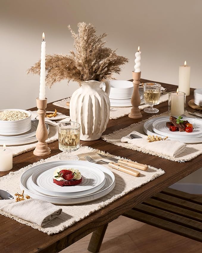 24-Piece Reactive Glaze Stoneware Dinnerware Sets for 8 - High Edge Plates and Bowls with Speckles & Spirals - Chip & Scratch Resistant, Microwave & Dishwasher Safe - Gift Box, White