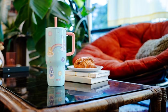 Zak Designs Care Bears Sutton Travel Tumbler for On the Go, 30oz Stainless Steel with Vacuum Insulation, Silicone Straw, and Carry Handle for Cold Drinks (Care Bears)