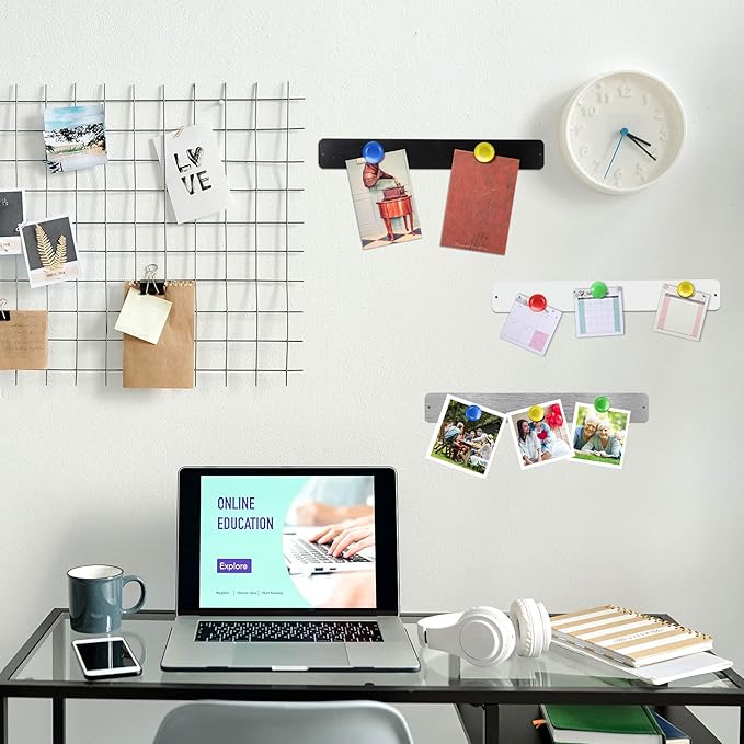 6 Pcs 15" x 2" Magnetic Display Board Souvenir Bulletin Board Strip Set with 48 Pcs Colorful Magnet for Office Home Wall Display Notes, Photos(Silver, Black, White)