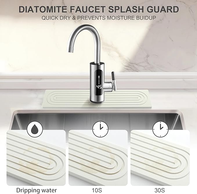 Faucet Mat for Kitchen Sink, Diatomite Fast Drying Stone Sink Tray, Super Absorbent, Prevents Moisture Buildup - Faucet Splash Guard for Bathroom Counter, Kitchen [White, 15.8" x 3.9"]