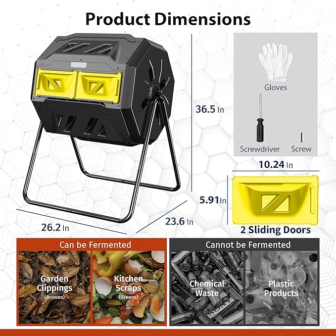 Compost Bin Outdoor, 43-Gal Dual Chamber with Steel Frame, Lagre Compost Tumbler with 2 Sliding Door and Aeration System, 360° Rotating, Tumbling Composter Bin for Kitchen, Garden, Yard, Black Yellow