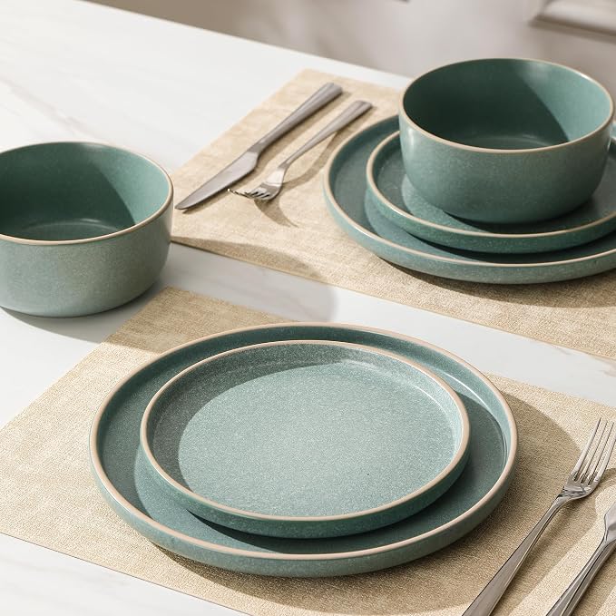 Earth & Clay Amber 12-Piece Dinnerware Set Stoneware, Dishwasher and Microwave Safe Plates and Bowls Set, Dish Set for 4, Green