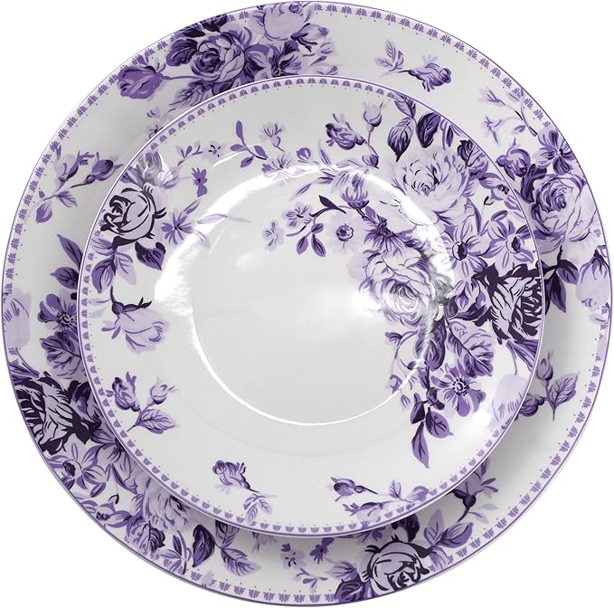 Elama Traditional Rose 16 Piece Porcelain Dinnerwar/Tableware Set, Service for 4 (Purple)