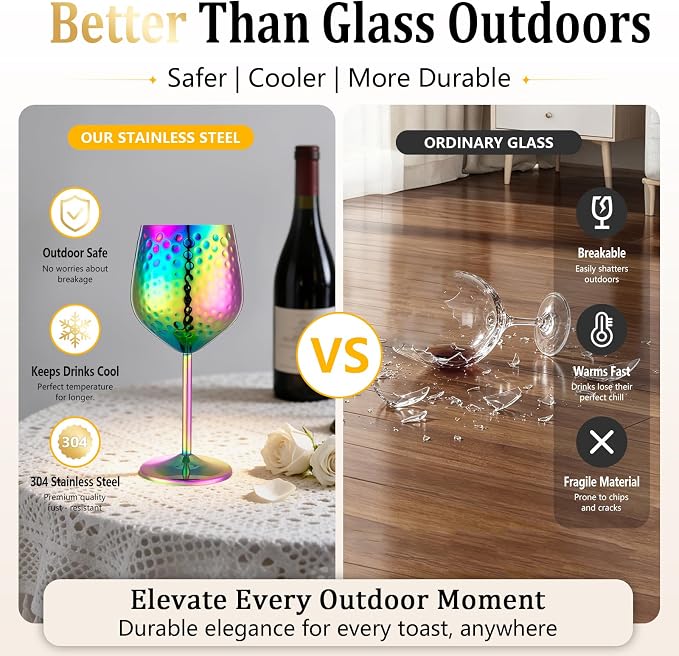 UNISWEET Stainless Steel Wine Glasses Set of 4 Unbreakable (Colorful) | 17 oz Large-capacity Hammered Goblets, Lightweight & Reusable, Good for Outdoor, Camping, Pool Travel, Gift for Wine Lovers