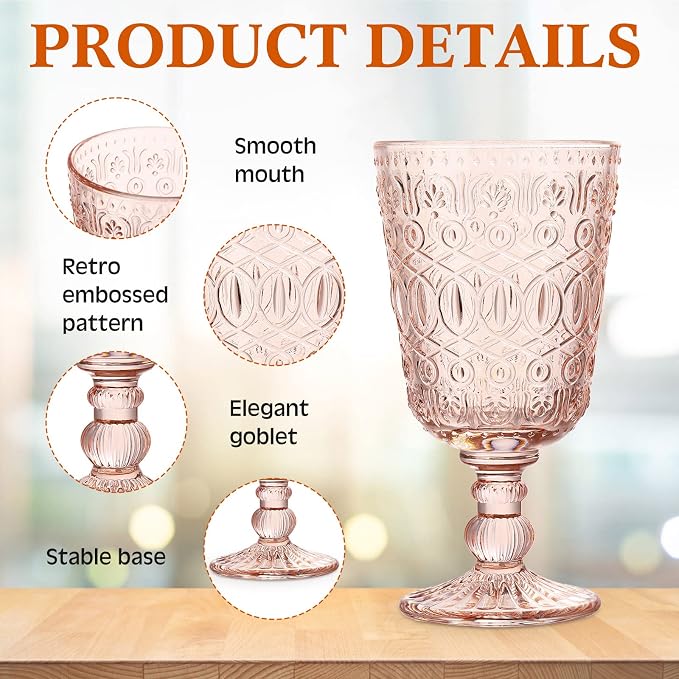 Rtteri 12 Pcs Vintage Glass Goblet Stemmed Wine Glasses Bulks 10 oz Wine Glasses Set High Clear Glassware for Juice Liquor Party Wedding Bars Restaurants Romantic Embossed (Flesh Pink)