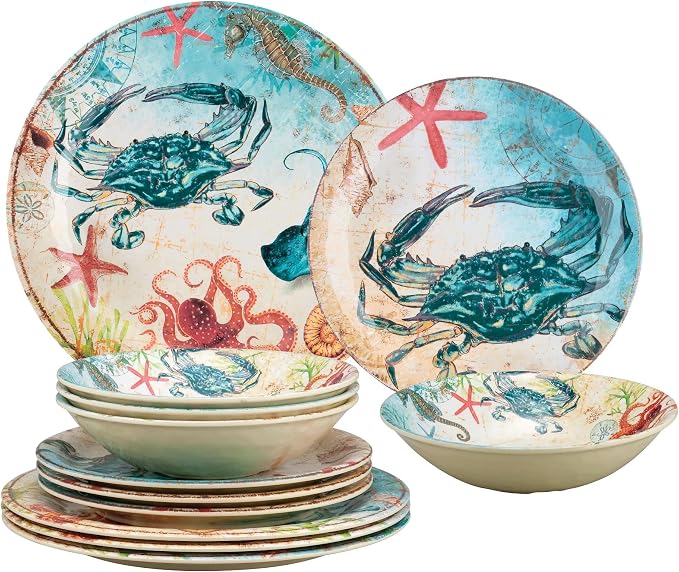 UPware 12 Piece Crab Melamine Dinnerware Sets, Outdoor Dishes Set, Plates and Bowls Sets, Service for 4, Multicolor