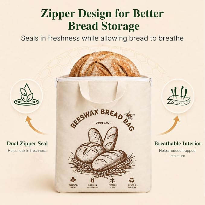 ICEFUN Wide-Opening U-Zipper Beeswax Bread Bag 2 Pack, Beeswax Bread Bags for Sourdough, Easy to Clean Reusable Bread Bag with Dual Zipper Seal and Handles