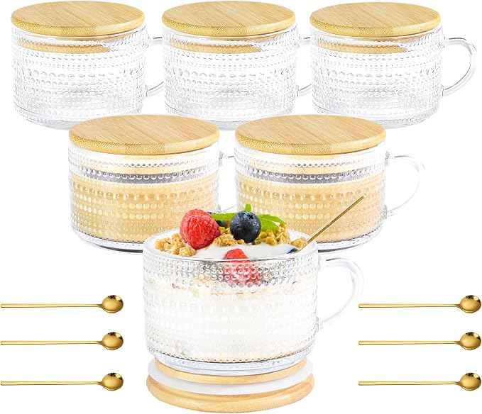 Glass Coffee Mugs with Lid 14 oz Vintage Glass Mug Set of 6 Hobnail | Embossed Vintage Style, Includes Handle and Spoon, Bamboo Sealed Lid for Hot Cold Breakfast Overnoght Oats