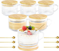 Glass Coffee Mugs with Lid 14 oz Vintage Glass Mug Set of 6 Hobnail | Embossed Vintage Style, Includes Handle and Spoon, Bamboo Sealed Lid for Hot Cold Breakfast Overnoght Oats