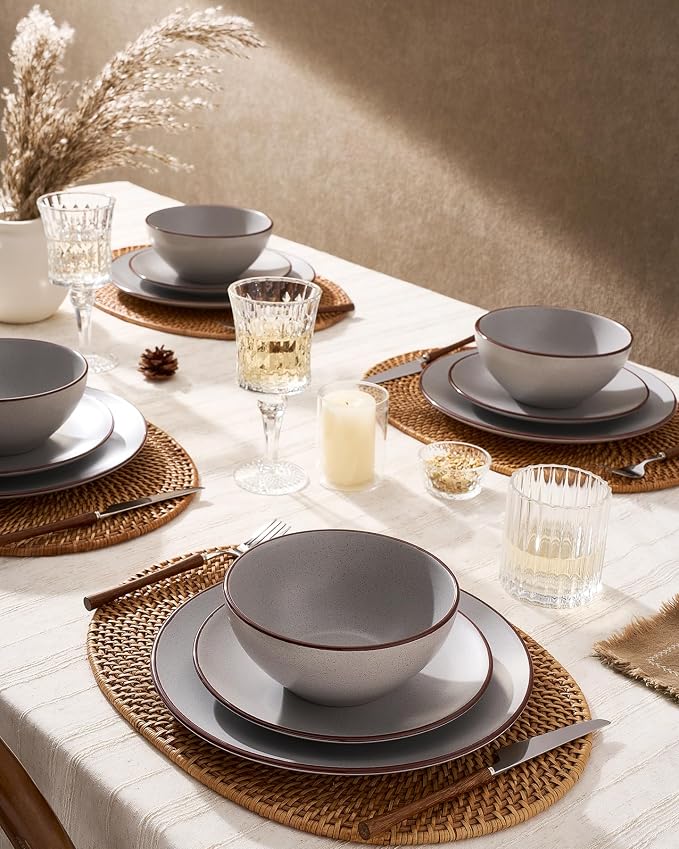 Famiware Venus Plates and Bowls Sets with Trim, 18 Pieces Speckled Stoneware Dinnerware Set for 6, Matte Light Gray - Modern Minimalist, Microwave & Dishwasher Safe Dishes for Everyday & Formal Dining