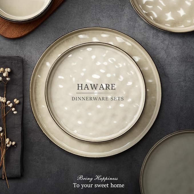 HaWare Dinnerware Sets, 12-Piece Plates and Bowls Set, Stoneware Dish Set for 4, Ceramic Dinnerware for Home Restaurant, Chip and Scratch Resistant, Microwave and Dishwasher Safe, Saturn Khaki