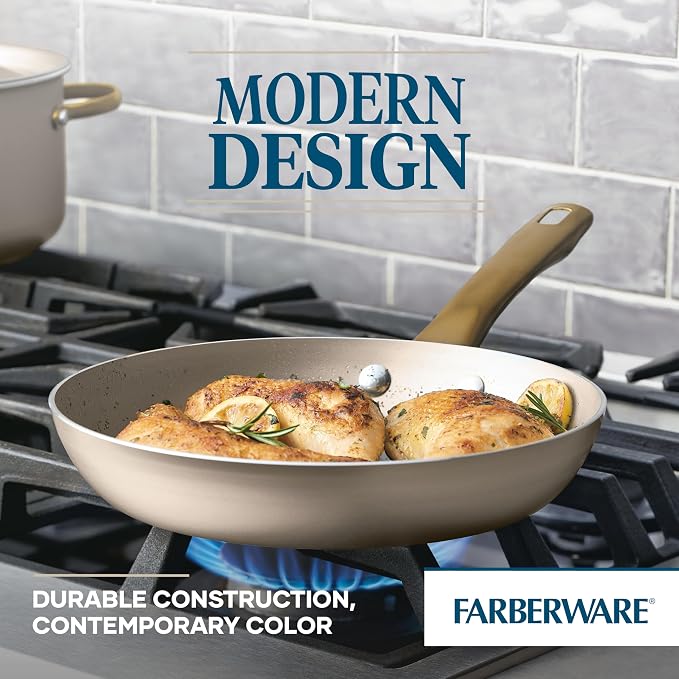 Farberware Radiant Nonstick Cookware/Pots and Pan Set with Lids and Prestige Kitchen Cooking Tools, Dishwasher Safe, 12 Piece, Champagne
